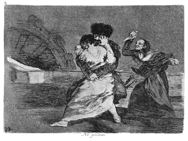 No quieren (They do not want to) by Francisco Goya (1746–1828) depicts an elderly woman wielding a knife in defense of a girl being assaulted by a soldier.