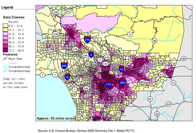 Map of Los Angeles County showing percentage of population self-identified as Mexican in ancestry or national origin by census tracts. Heaviest concentrations are in East Los Angeles, Echo Park/Silver Lake, South Los Angeles, and San Pedro/Wilmington.