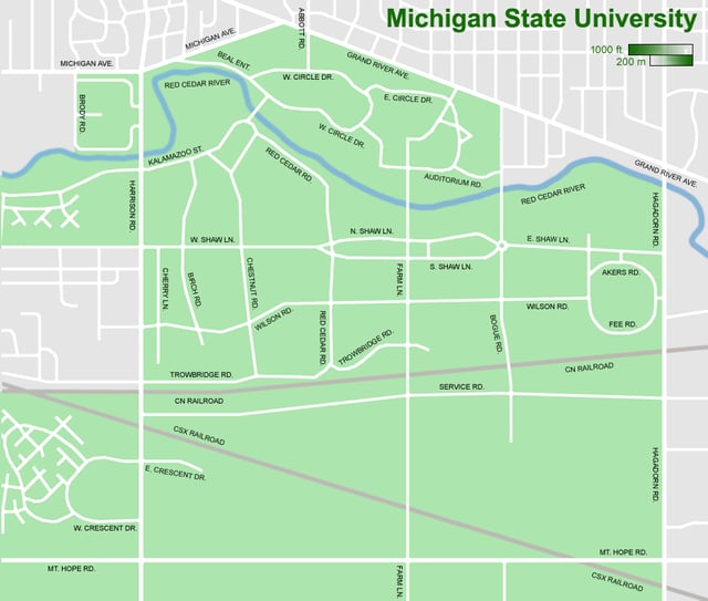 MSU's main campus lies north of the CN Railway and south of Michigan and Grand River Avenues.