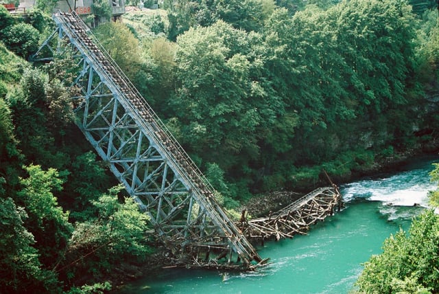 The railway bridge over the Neretva river in Jablanica, twice destroyed during the Battle of the Neretva