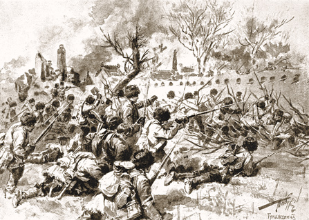 Russian soldiers in combat against Japanese at Mukden (inside China), during the Russo-Japanese War (1904–1905)