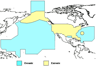 The FAA provides air traffic control services over U.S. territory and over international waters where it has been delegated such authority by the International Civil Aviation Organization. This map depicts overflight fee regions. Yellow (enroute) covers land territory, excluding Hawaii and some island territories but including most of the Bering Sea as well as Bermuda and The Bahamas (sovereign countries, where the FAA provides high-altitude ATC service). The blue regions are where the U.S. provides oceanic ATC services over international waters (Hawaii, some US island territories, & some small, foreign island nations/territories are included in this region).