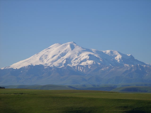 Mount Elbrus, a dormant volcano, is the highest point of the Caucasus and Russia and the tenth most prominent peak in the world