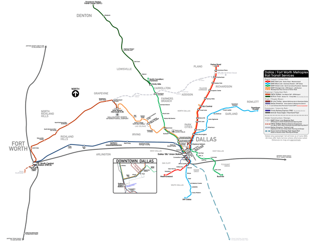 Map of rail public rail transit in the Dallas–Fort Worth area