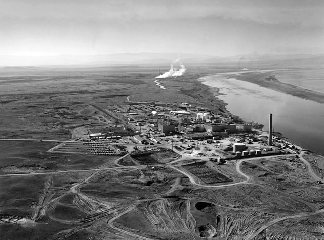 The Hanford site represents two-thirds of the nation's high-level radioactive waste by volume. Nuclear reactors line the riverbank at the Hanford Site along the Columbia River in January 1960.