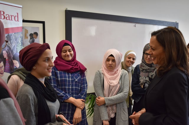 Harris speaks with Palestinian students at the Al-Quds University in the State of Palestine, West Bank, 2017