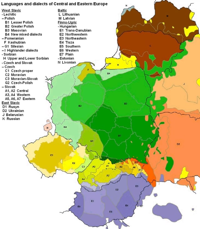 A map of the languages of Central and Eastern Europe. Within the Czech Republic, Common Czech is represented by dark yellow (C1) and Moravian dialects by medium yellow (C2) and light green (C3).