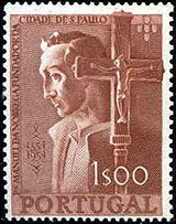 Manuel da Nóbrega on a commemorative Portuguese stamp of the 400th anniversary of the foundation of São Paulo, Brazil