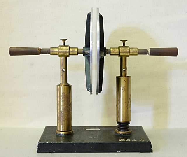 A simple demonstration capacitor made of two parallel metal plates, using an air gap as the dielectric.