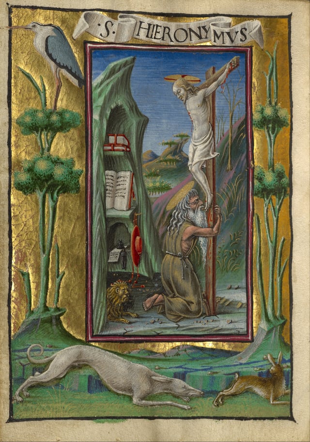 Saint Jerome in the Desert[Note rabbit being chased by a (trained?) domesticated hound]Taddeo Crivelli (Italian, died about 1479)