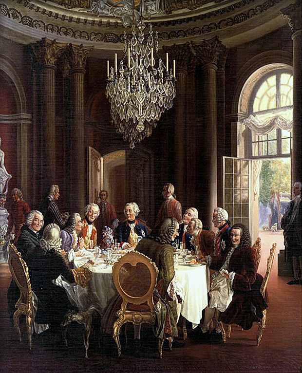 Die Tafelrunde by Adolph von Menzel: guests of Frederick the Great at Sanssouci, including members of the Prussian Academy of Sciences and Voltaire (third from left)