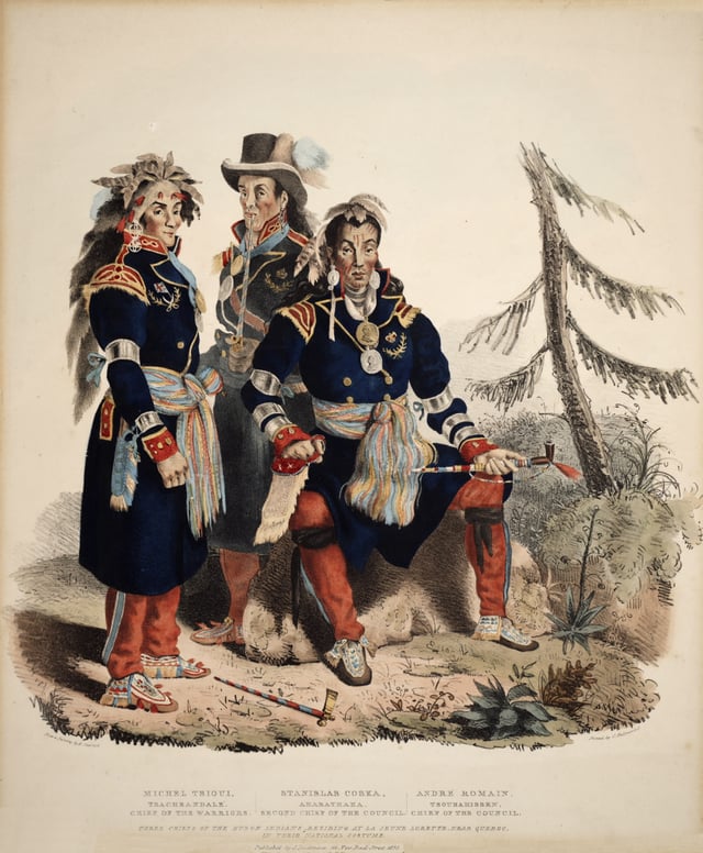 Three Huron-Wyandot chiefs from Wendake in Quebec. New France had largely peaceful relations with the indigenous people such as their allies the Huron. After the defeat of the Huron by their mutual enemies the Iroquois many fled from Ontario to Quebec.