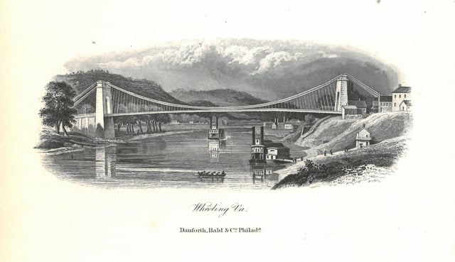 Built between 1847 and 1849, the Wheeling Suspension Bridge was the first bridge across the river and a crucial part of the National Road.