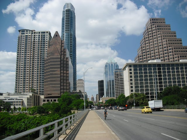 Downtown Austin from Congress Avenue Bridge, with Texas State Capitol in background, 2012