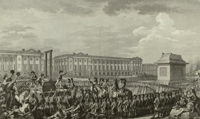 Execution of Louis XVI in what is now the Place de la Concorde, facing the empty pedestal where the statue of his grandfather, Louis XV, had stood