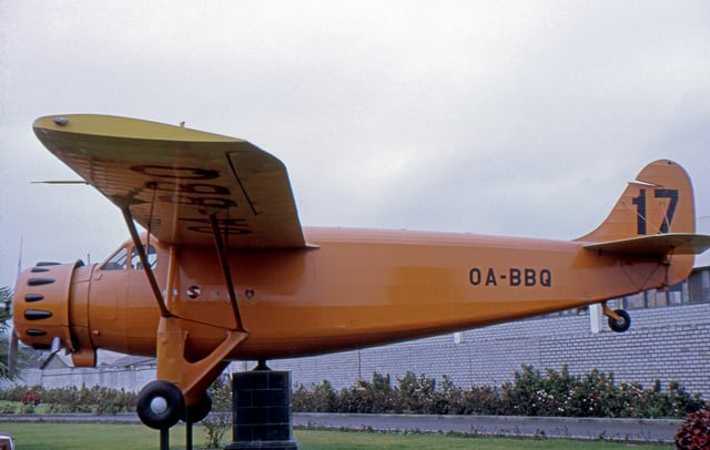 Faucett-Stinson F.19 cargo aircraft built by Faucett, exhibited at their base at Lima in April 1972