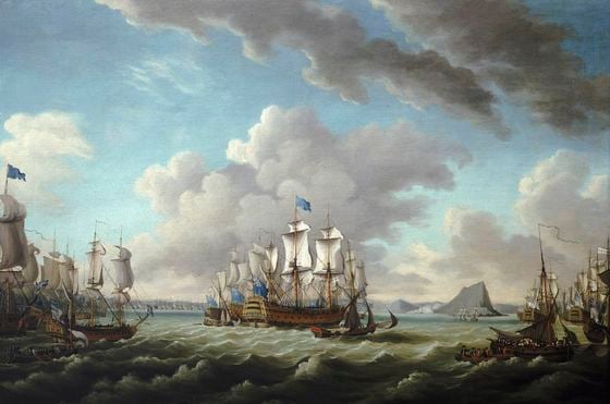 Relief of Gibraltar by Earl Howe, 11 October 1782, by Richard Paton. Howe, flying his flag aboard the 100-gun HMS Victory in the centre, approaches Gibraltar. To the right are the ships of the van, with Vice-Admiral Samuel Barrington's 100-gun HMS Britannia, and to the left, those of the rear squadron, commanded by Vice-Admiral Mark Milbanke in the 98-gun HMS Ocean. The Franco-Spanish fleet can be seen in the background, anchored in Algeciras Bay.