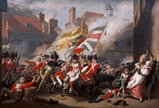 Black Loyalist soldiers fought alongside British regulars in the 1781 Battle of Jersey, from The Death of Major Peirson.