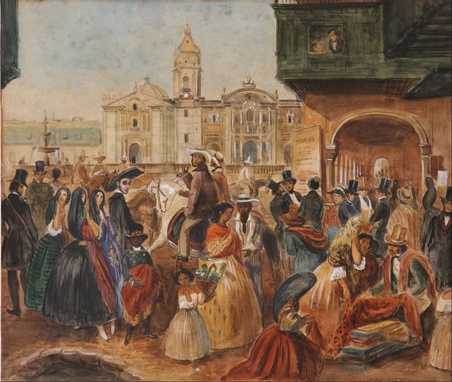 Lima's main square, c. 1843. Throughout its history, Peruvian society has been diverse.