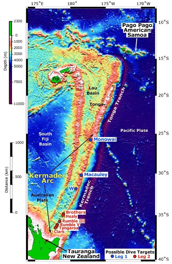 Tonga Trench south of the Samoa Islands and north of New Zealand