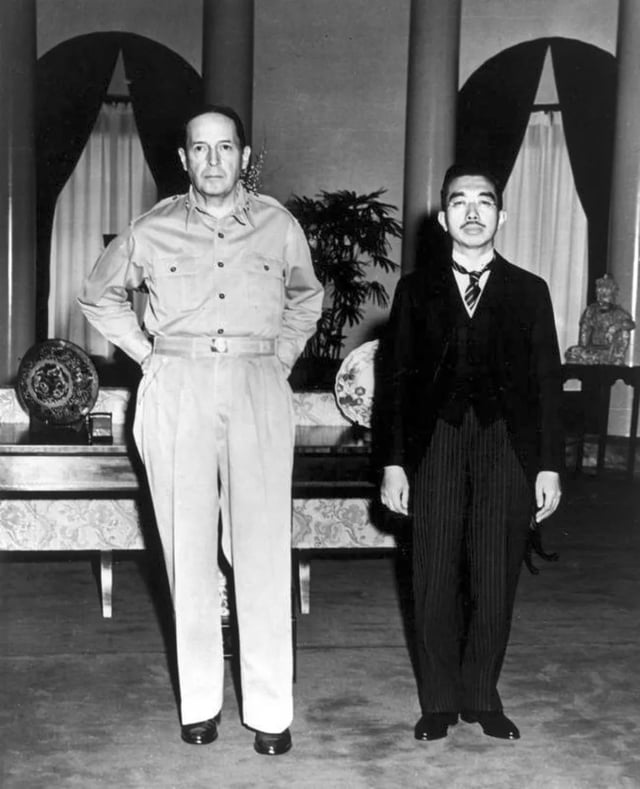 MacArthur and the Emperor of Japan, Hirohito, at their first meeting, September 1945