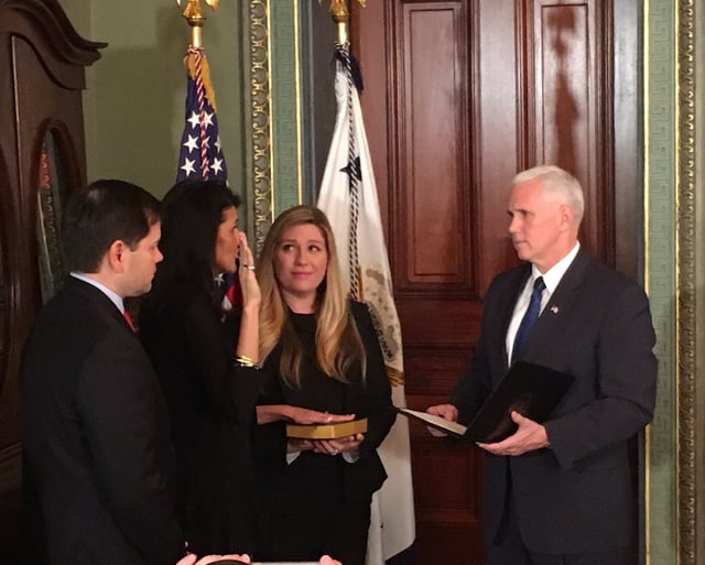 Haley sworn in by Vice President Mike Pence on January 25, 2017, Senator Marco Rubio standing to the side