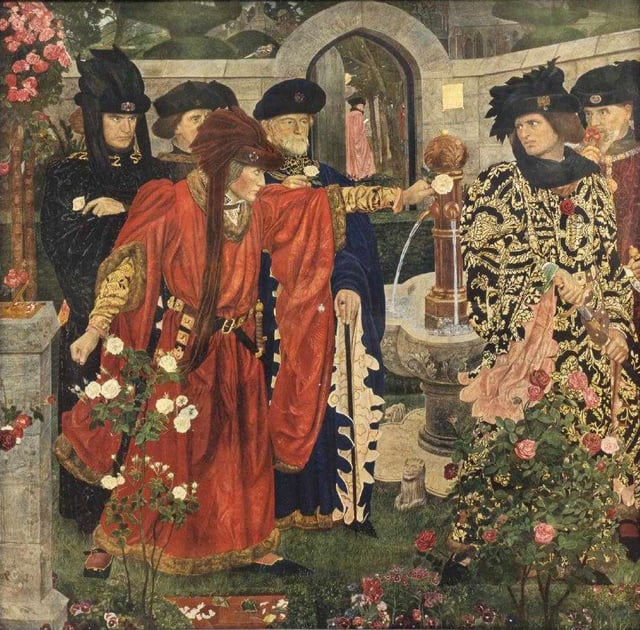 Framed print after 1908 painting by Henry Payne of the scene in the Temple Garden, where supporters of the rival factions in the Wars of the Roses pick either red or white roses