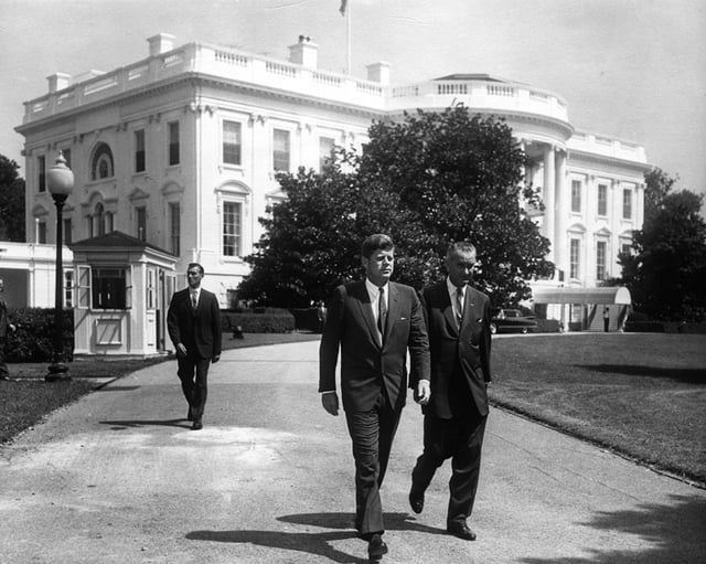 President Kennedy and Vice President Johnson outside the White House prior to a ceremony