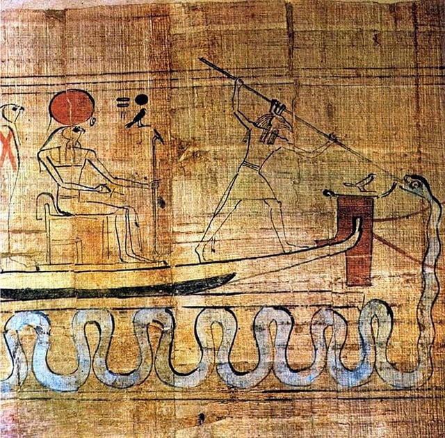 Illustration from an ancient Egyptian papyrus manuscript showing the god Set spearing the serpent Apep as he attacks the sun boat of Ra