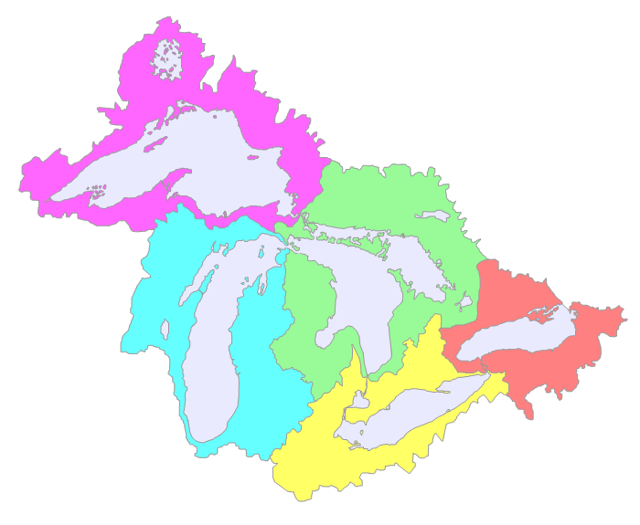 A map of the Great Lakes Basin showing the five sub-basins within. Left to right they are: Superior, including Nipigon's basin, (magenta); Michigan (cyan); Huron (pale green); Erie (yellow); Ontario (light coral).