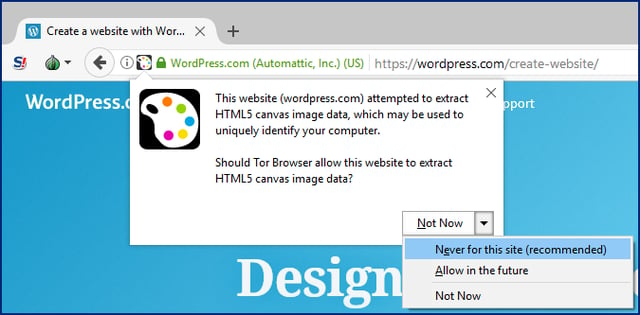 The canvas fingerprinting warning that is typically given by Tor Browser for WordPress-based websites.