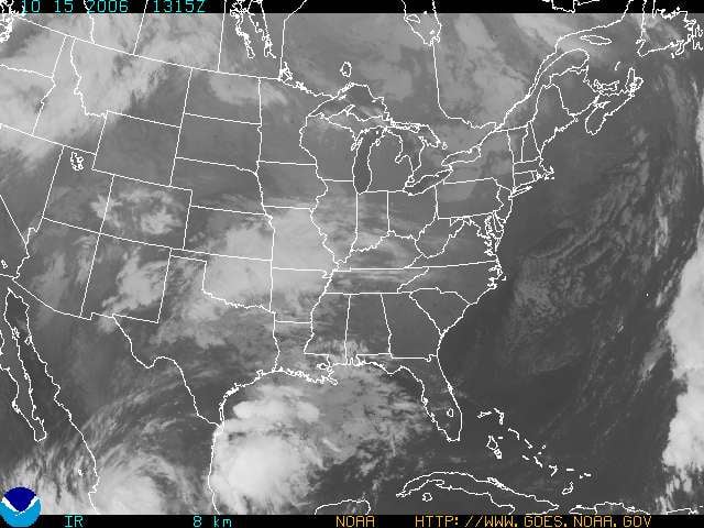 IR Satellite picture taken 1315 Z on 15 October 2006. A frontal system can be seen in the Gulf of Mexico with embedded Cumulonimbus cloud. Shallower Cumulus and Stratocumulus can be seen off the Eastern Seaboard.