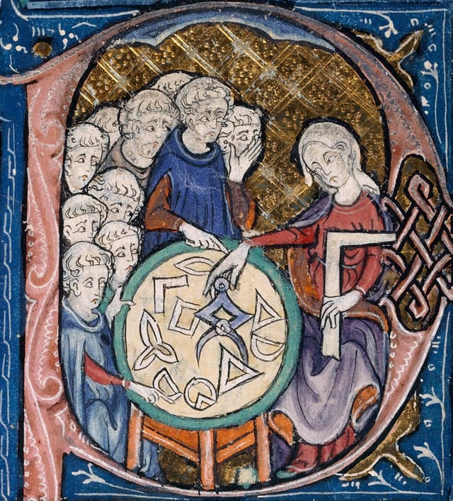 Woman teaching geometry. Illustration at the beginning of a medieval translation of Euclid's Elements, (c. 1310)