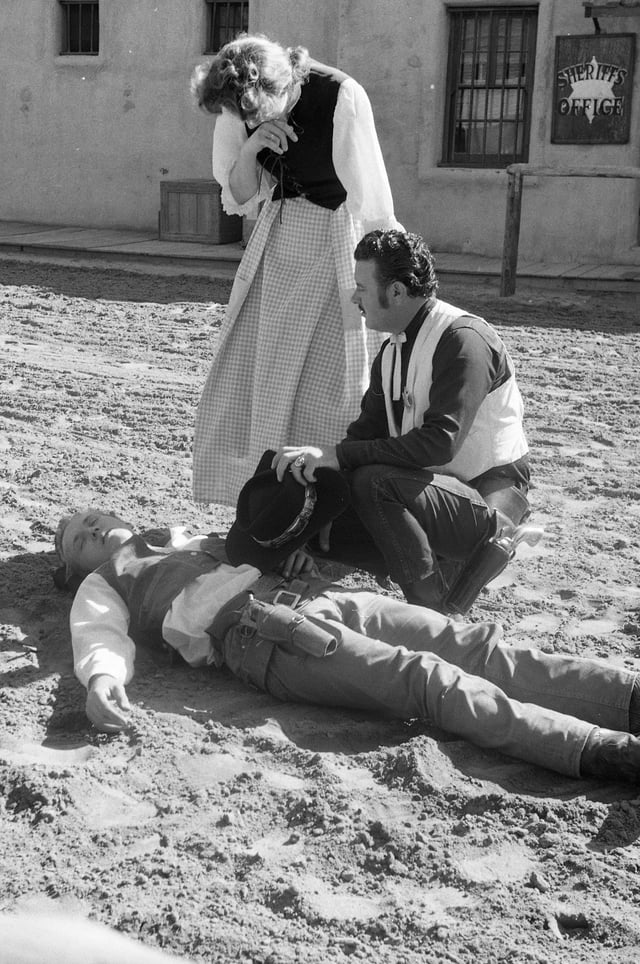 Actors in a death scene at Corriganville Movie Ranch in 1963.