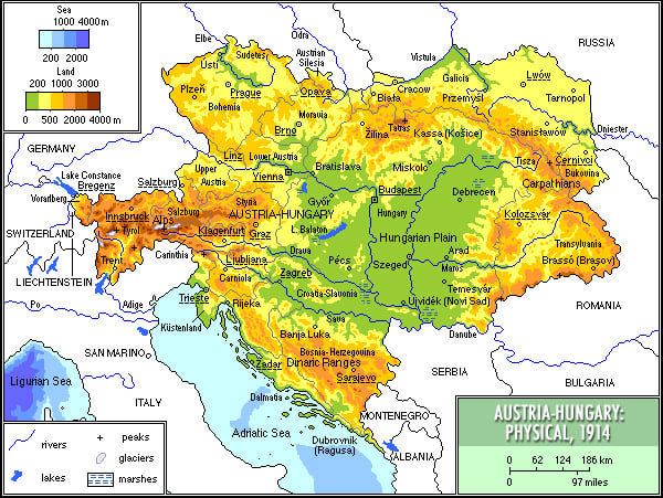 Physical map of Austria-Hungary in 1914
