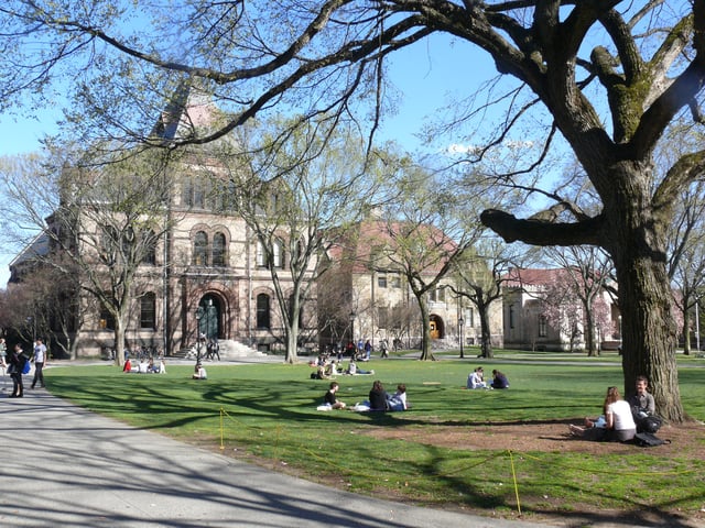 On the College Green, Sayles Hall (left), built 1878–81, designed by Alpheus C. Morse, and Wilson Hall, built 1891, designed by Gould & Angell, both buildings in the Richardsonian Romanesque style