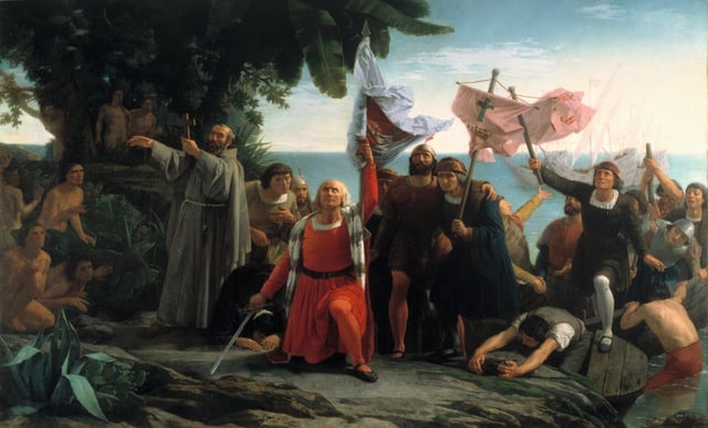 Romantic painting of Italian explorer Christopher Columbus arriving to the Americas (Primer desembarco de Cristóbal Colón en América), by Dióscoro Puebla (1862)