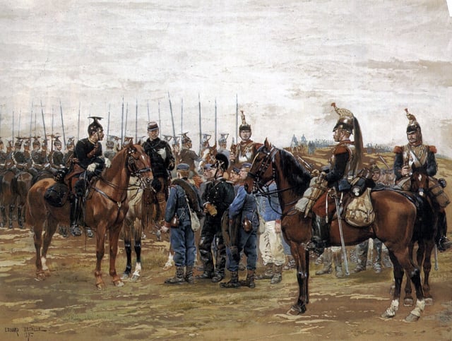 French Lancers and Cuirassiers guarding captured Bavarian soldiers