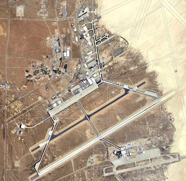 Satellite image of the main site, with Edwards Air Force Auxiliary Base South at the bottom right of the image and Rogers Dry Lake at the top right.
