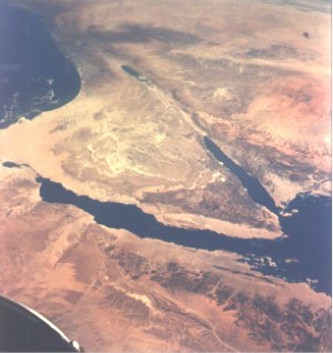 Image from Gemini 11 spacecraft, featuring part of Egypt and the Sinai Peninsula in the foreground and the Levant in the background