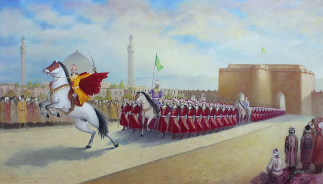 Ismail declares himself "Shah" by entering Tabriz; his troops in front of Arg of Tabriz, painter Chingiz Mehbaliyev, in private collection.