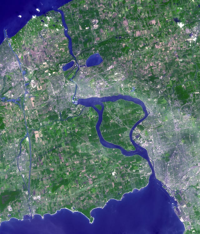 2001 image of the Niagara Peninsula, Niagara Falls and Buffalo from NASA's Terra satellite