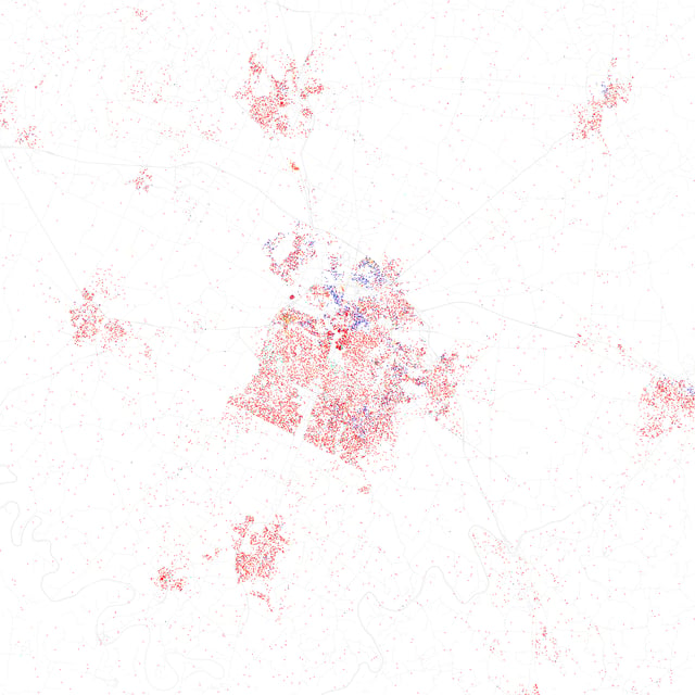 Map of racial distribution in Lexington, 2010 U.S. Census. Each dot is 25 people: White, Black, Asian, Hispanic or Other (yellow)