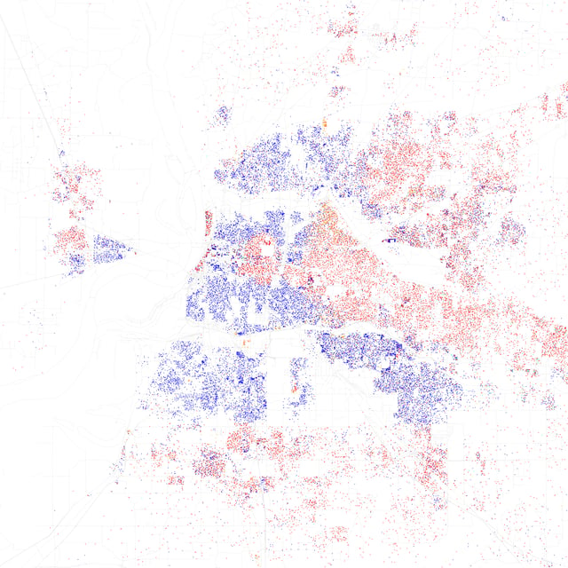 Map of racial distribution in Memphis, 2010 U.S. Census. Each dot is 25 people: White, Black, Asian Hispanic, or Other (yellow)