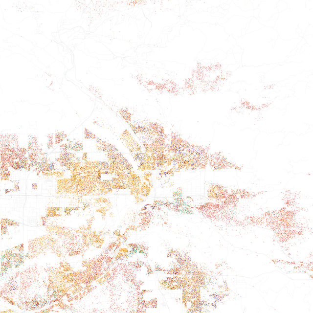 Map of racial distribution in San Bernardino, 2010 U.S. Census. Each dot is 25 people: White, Black, Asian, Hispanic or Other (yellow)