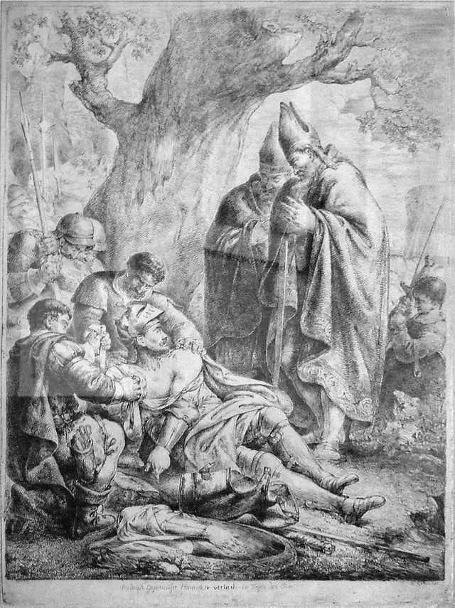 Rudolf of Rheinfelden dying after losing his right hind in the Battle on the Elster in 1080