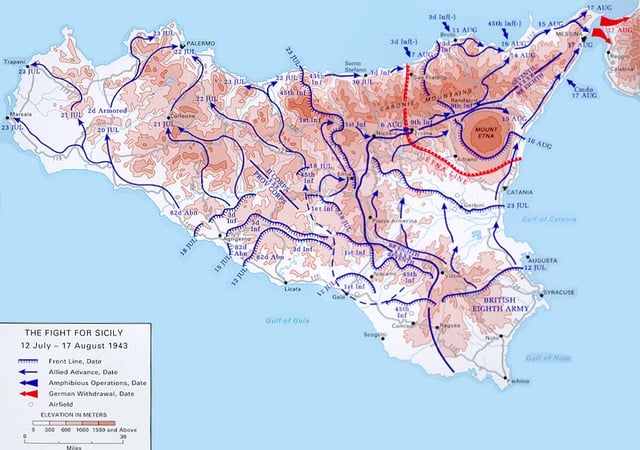 Map of Allied movements on Sicily during July.