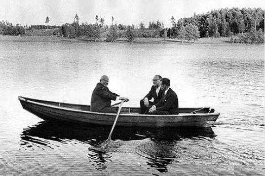 Khrushchev (rowing the boat) with the Swedish Prime Minister Tage Erlander, 1964