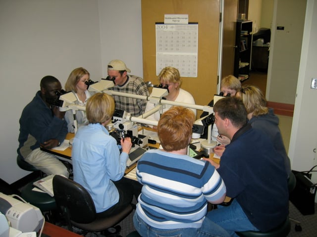 An anatomical pathology instructor uses a microscope with multiple eyepieces to instruct students in diagnostic microscopy.