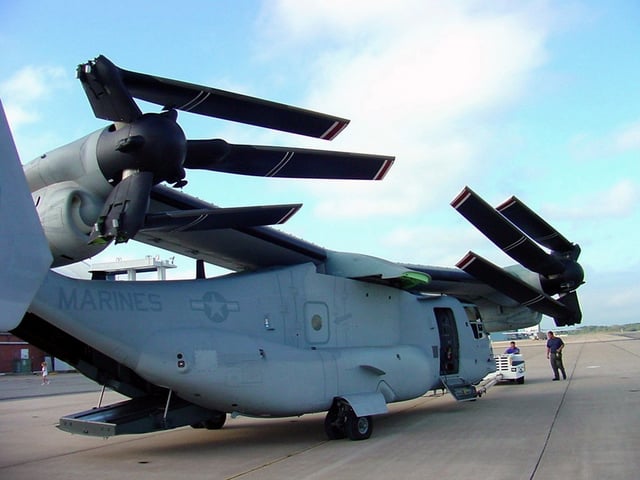 A V-22 in a compact storage configuration during the navy's evaluation, 2002